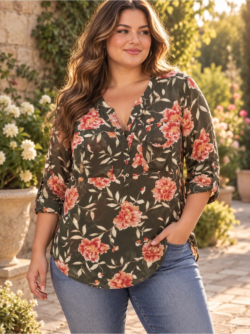 Torrid Harper Olive Green Floral Pullover Blouse Size 1 US 14/16